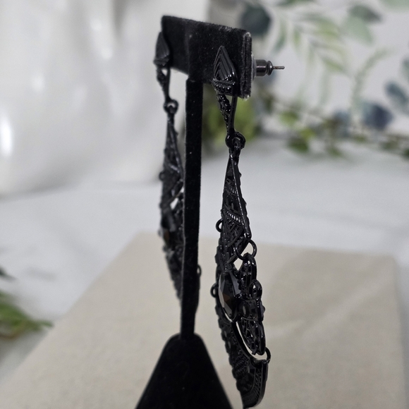 Statement Black Metal Filigree and Crystal Drop Earrings - Picture 7 of 10